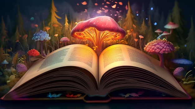 Photo un livre avec un champignon sur le dessus et un livre avec une fleur sur le dessus.