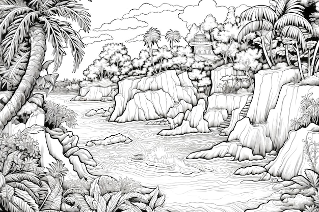 Photo livre de coloriage black outline adventure island island paradise avec des grottes de palmiers et des trésors cachés ai générative