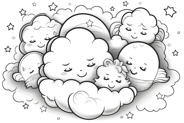 Photo livre de coloriage black outline sweet dreams cluster of fluffy clouds with sleepy smiley faces generative ai