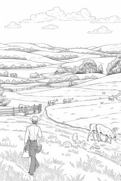 Photo livre de coloriage une ferme avec un cow-boy au loin