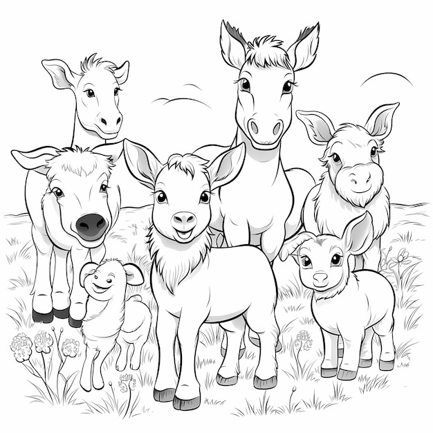 Photo le livre de coloriage de la ferme pour bébés avec l'adorable âne, la vache, le mouton, le canard et plus encore