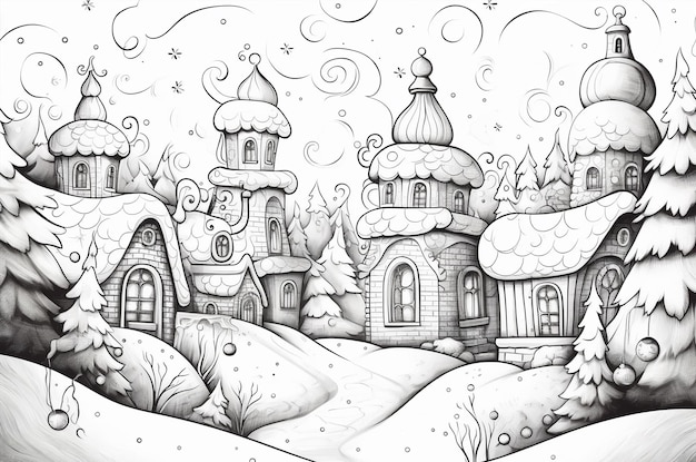 Livre de coloriage d'hiver Maisons d'hiver Doodle