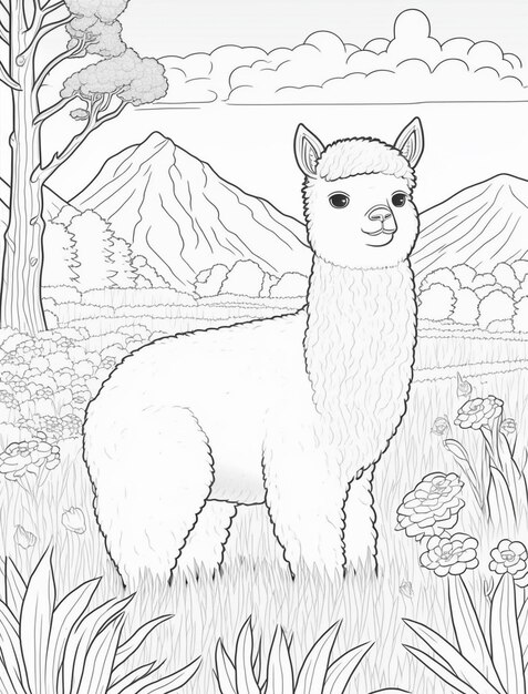 Photo un livre de coloriage avec un lama dans un champ d'herbe ai générative