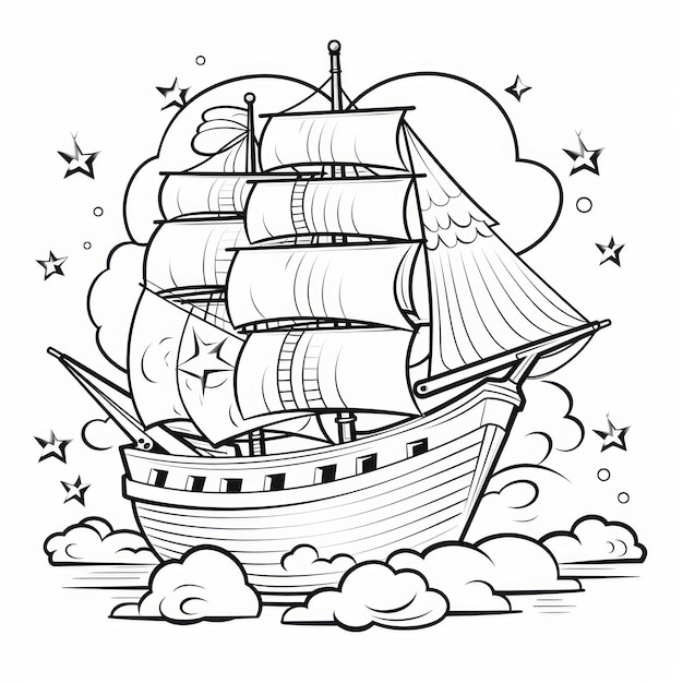 Photo livre de coloriage noir et blanc pour enfants bateau mignon