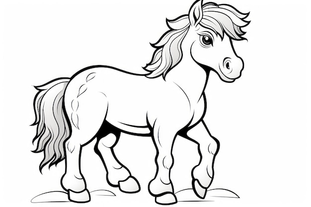 Photo livre de coloriage noir et blanc pour enfants, joli bébé cheval