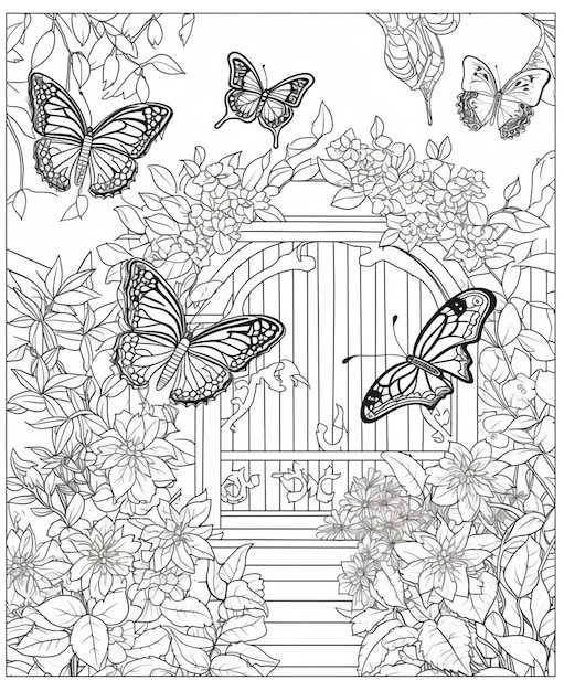 Livre de coloriage avec des papillons et une porte pour le jardin.