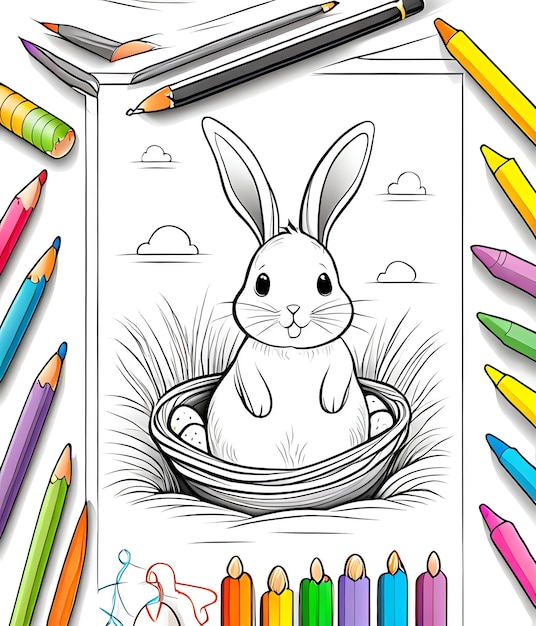 Photo livre de coloriage de pâques arrière-plan mignon lapin œufs de pâque heureux pâques livre de couleur pâques