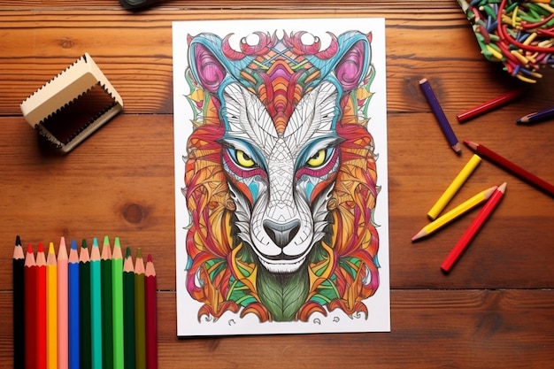 Livre de coloriage avec une photo d'un loup avec un fond coloré ai génératif