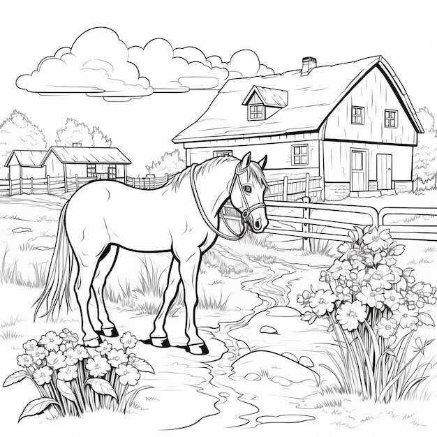 livre de coloriage pour enfants, chevaux sans couleurs dans le village