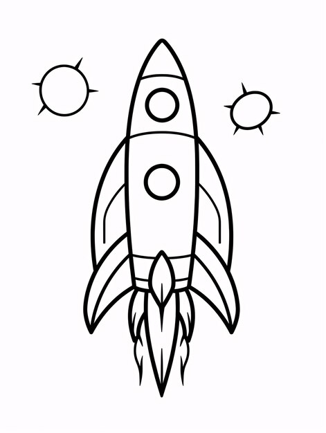 Livre de coloriage pour enfants, vaisseau spatial mignon de fusée sur l'espace dessin au trait simple noir et blanc