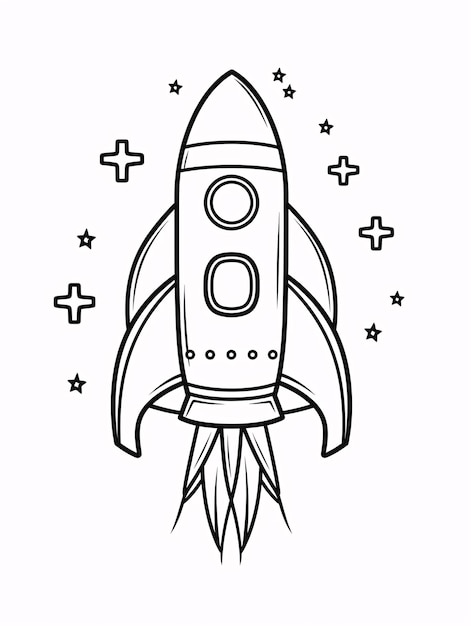 Livre de coloriage pour enfants, vaisseau spatial mignon de fusée sur l'espace dessin au trait simple noir et blanc