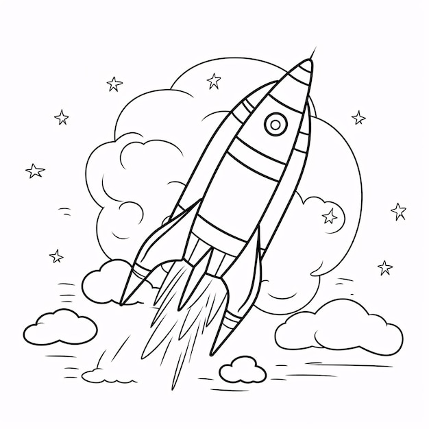 Livre de coloriage pour enfants, vaisseau spatial mignon de fusée sur l'espace dessin au trait simple noir et blanc