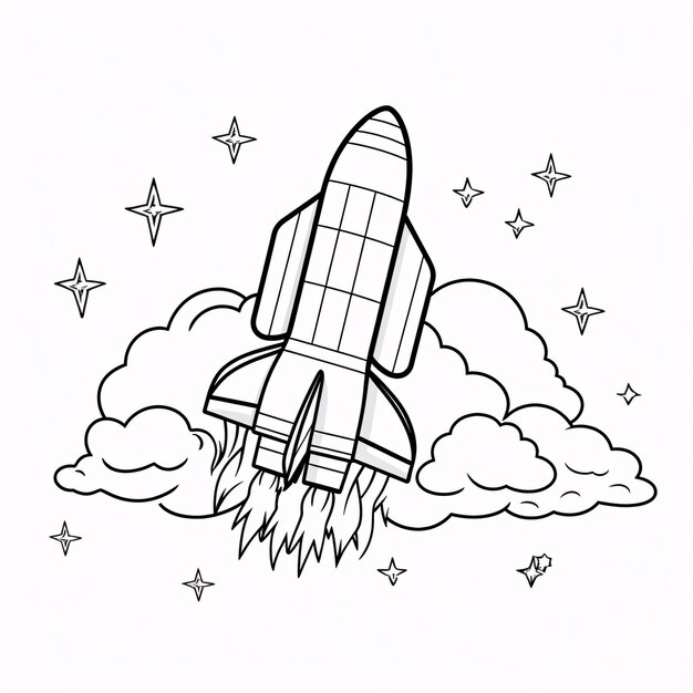 Photo livre de coloriage pour enfants, vaisseau spatial mignon de fusée sur l'espace dessin au trait simple noir et blanc