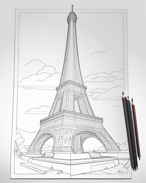 Photo livre à colorier avec un dessin de la tour eiffel génératif ai