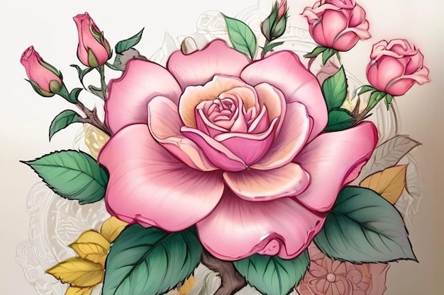 Livre à colorier fantastique avec des dessins de la rose de Chine Art conceptuel