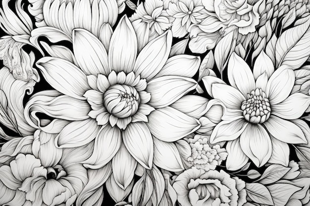 Livre à colorier fleurs dessinées en noir