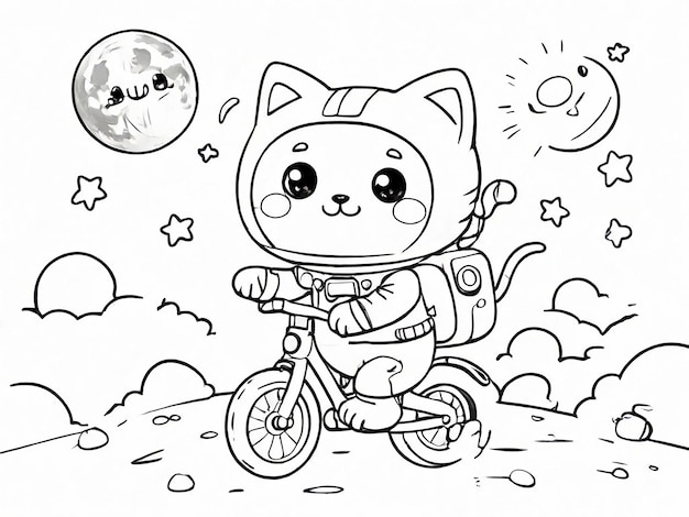 Photo livre à colorier pour enfants astronaute cute cat conduisant un vélo sur la lune