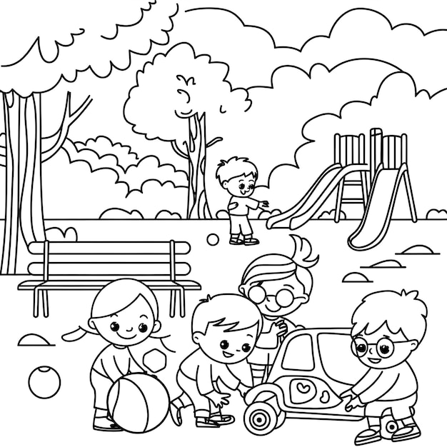 Livre à colorier pour enfants dessin d'illustration de page complète avec des arbres parc de fleurs jouant avec des animaux