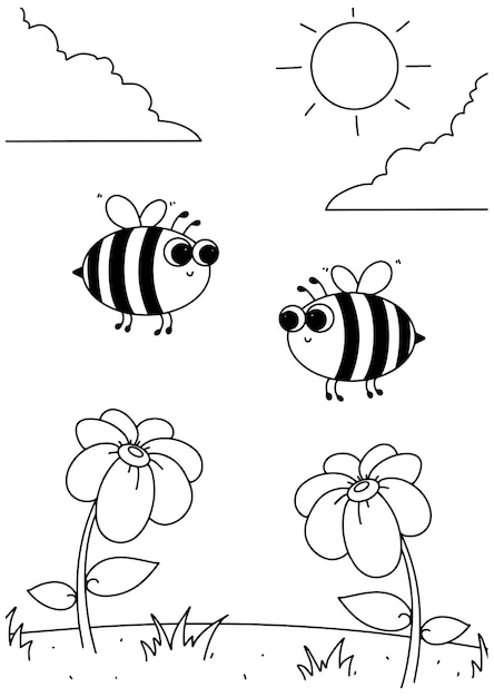 Livre à colorier pour enfants deux mouches d'abeille illustration de la nature