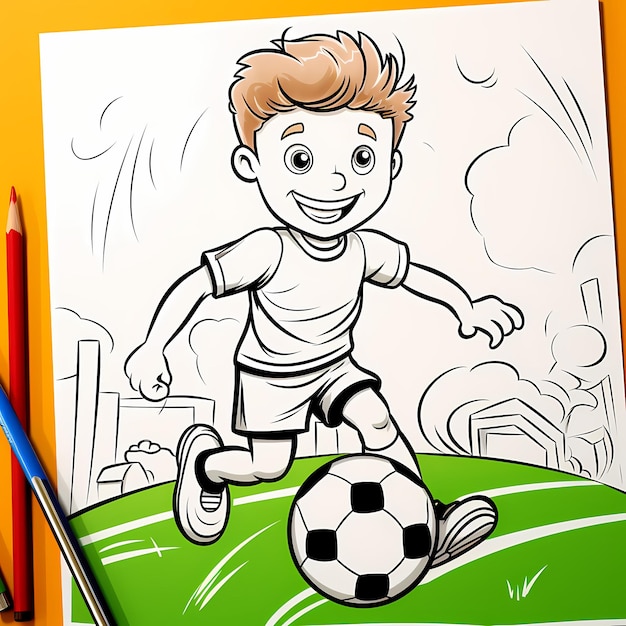 Photo livre à colorier pour enfants enfants jouant au football style dessin animé lignes épaisses