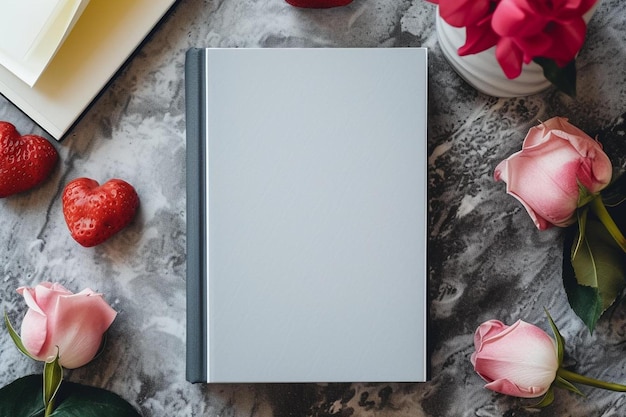 Photo un livre avec une couverture blanche entouré de roses roses et de fraises