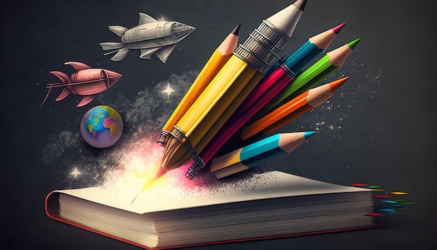 Un livre avec des crayons et une fusée dessus