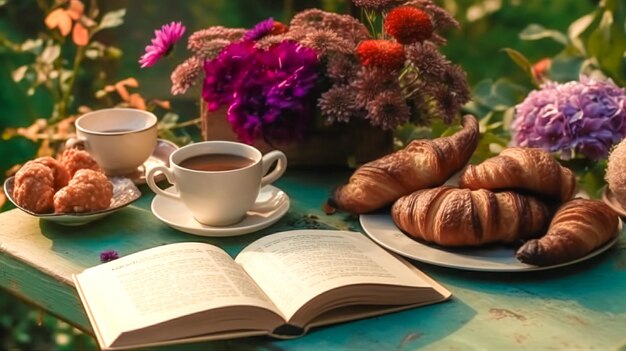 Un livre croissants et café sur une table dans le jardin