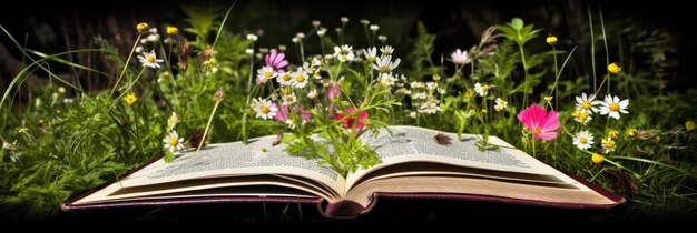 Photo un livre dans le pré avec des fleurs sur le concept de la journée mondiale du livre