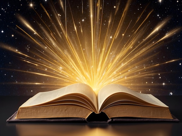 Livre doré sur fond de galaxie rayons dorés autour du livre lignes lumineuses étincelles avec vide