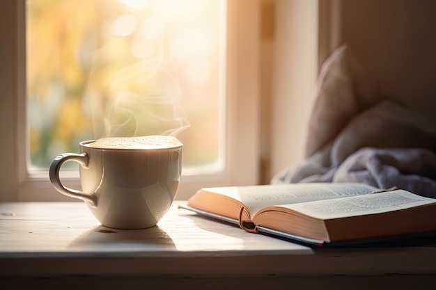 Un livre avec du café chaud sur le rebord de la fenêtre