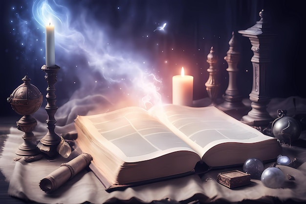 Un livre enchanté brillant Un livre de sorts de sorcière avec des bougies