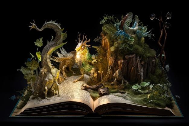 Photo un livre enchanteur animé par des créatures et des personnages magiques apparaissant devant ses pages