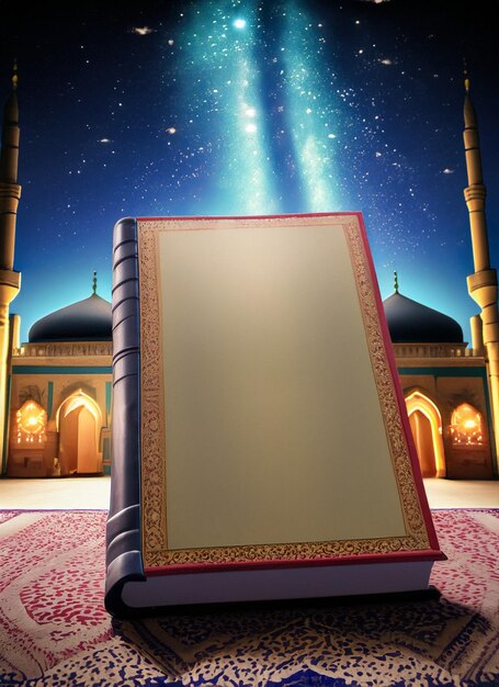 livre épais devant la mosquée la nuit avec des étoiles brillantes