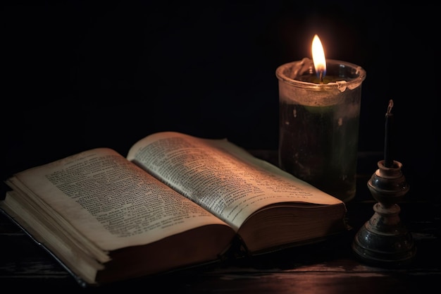 Un livre est ouvert à une bougie et une bougie est sur une table.