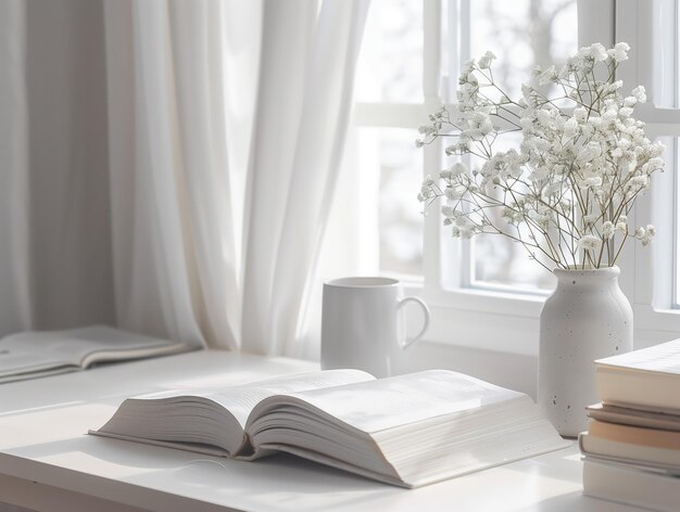 Un livre est ouvert sur un lit avec un vase de fleurs et une tasse de thé