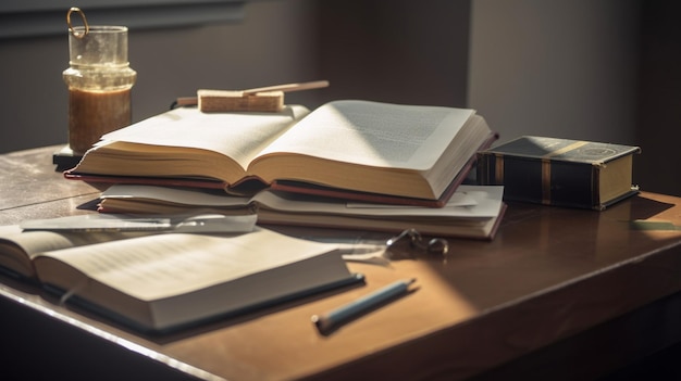 Un livre est ouvert à un livre sur une table avec un stylo et un stylo dessus.