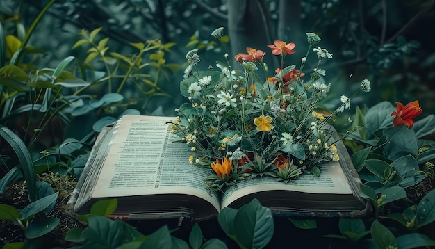 Un livre est ouvert à une page avec un champ de fleurs jaunes