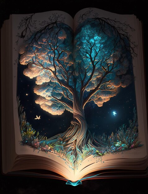 Un livre est ouvert sur une page qui contient un arbre.