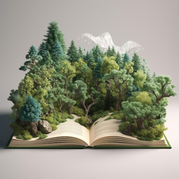 Un livre est ouvert sur une page qui contient une forêt.