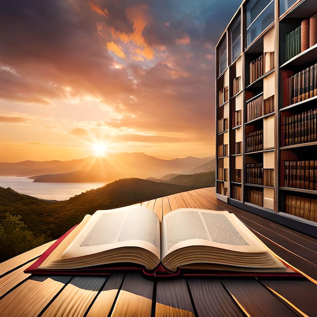 Un livre est ouvert sur une terrasse en bois avec une montagne en arrière-plan.