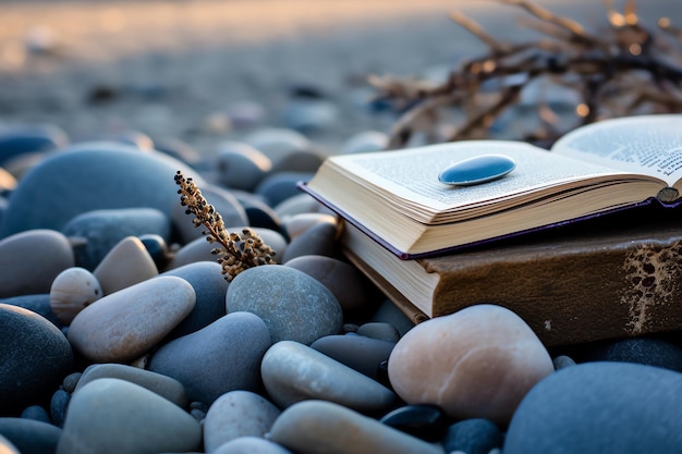 Un livre est sur un rocher et est sur la plage.