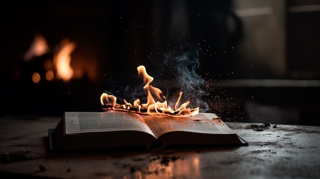 Un livre avec un feu qui brûle dessus ai générative