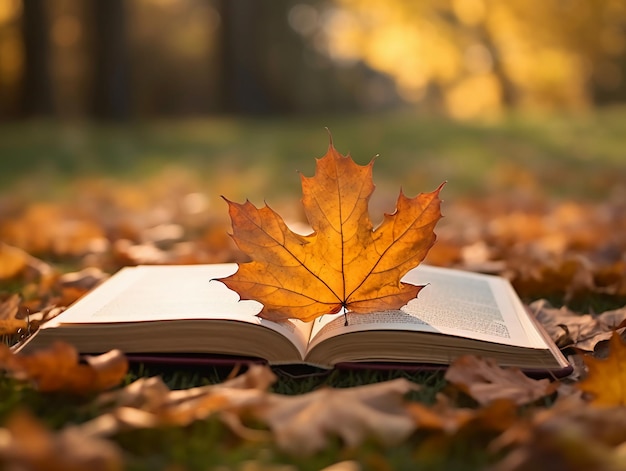 Un livre avec une feuille dessus qui est ouvert à la saison d'automne.