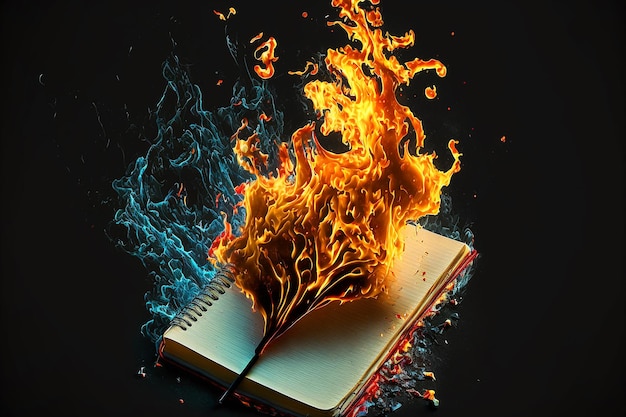 Un livre avec une flamme et un livre avec le mot feu dessus