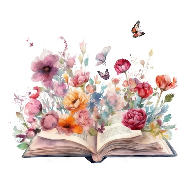 Un livre avec des fleurs et des papillons dessus