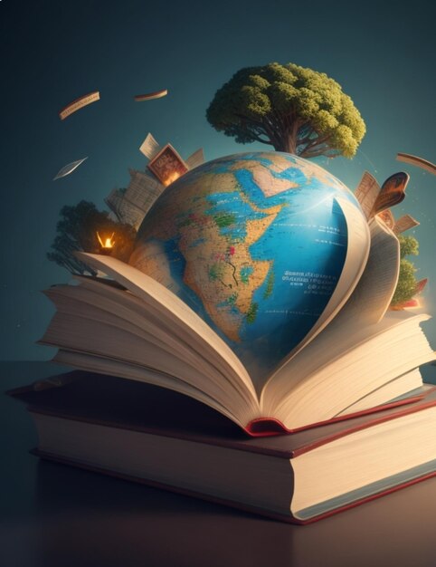 un livre avec un globe au dessus et une carte du monde au dessus