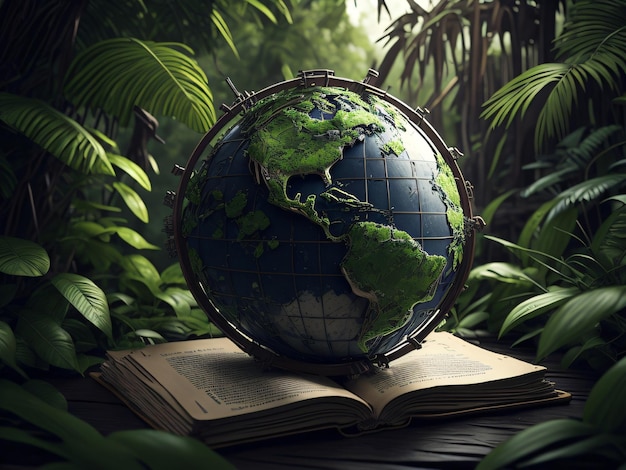 Un livre avec un globe dessus et un livre en dessous