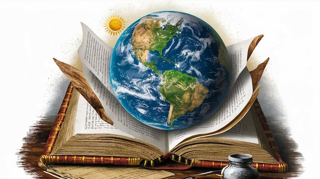 Un livre avec un globe et un livre avec un soleil dessus.
