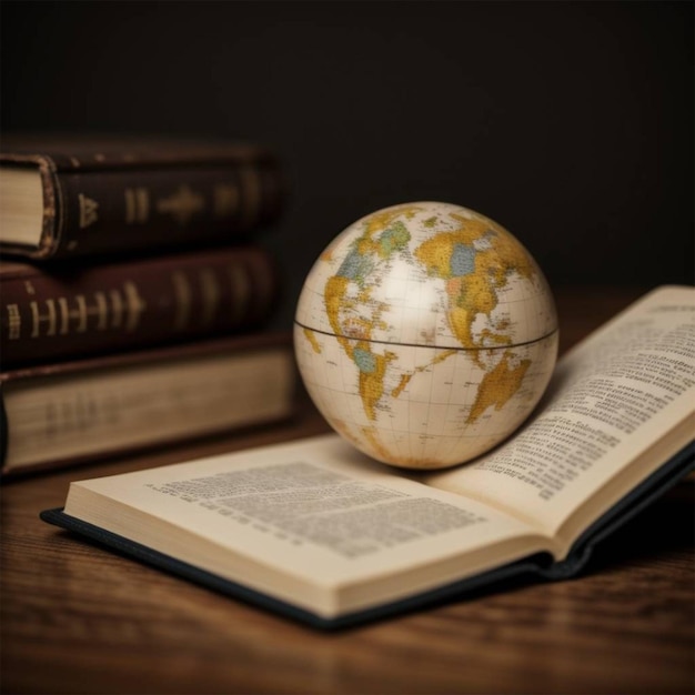 un livre avec un globe sur lui et un livre avec le monde sur le dessus