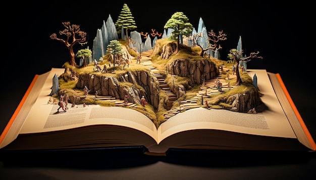 Un livre d'histoires ouvert avec l'image de l'histoire sur le dessus du livre en 3D